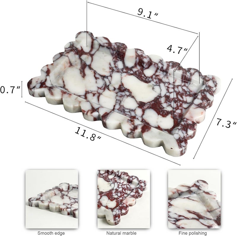 Future stone Natural 100% Marble Vanity Tray Luxury Scalloped Marble Storage Square Rectangle Tray for Home Decor Stone Tray for Bathroom Kitchen Candle Key (Rectangle-11.8 * 7.4-Calacatta Viola) - Image 2